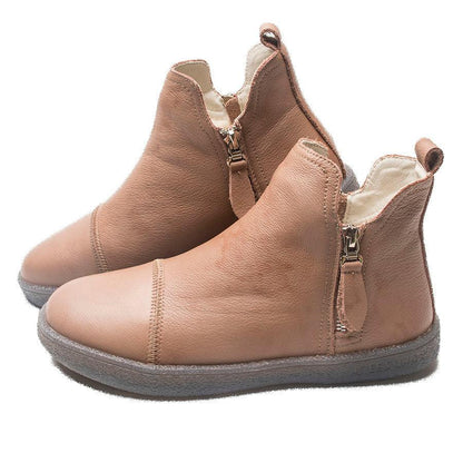 Stevvex women's brown leather ankle boots with warm fur lining, side zipper, non-slip sole on Tampa Home & Garden Store