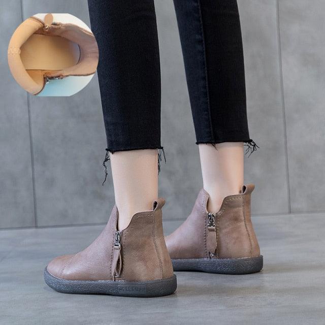 Stevvex women’s genuine leather ankle boot pair in tan with warm fur lining and side zip on Tampa Home & Garden Store