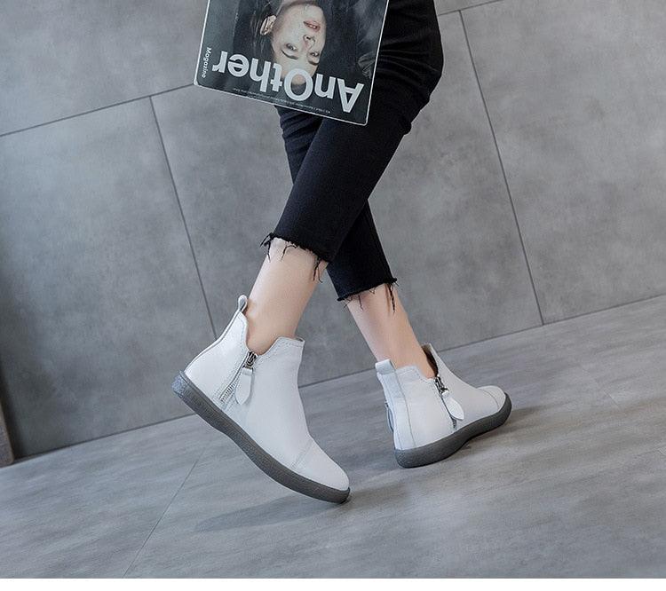 Stevvex Women White Leather Ankle Boots with fur lining, side zipper, anti-slip sole on Tampa Home & Garden Store