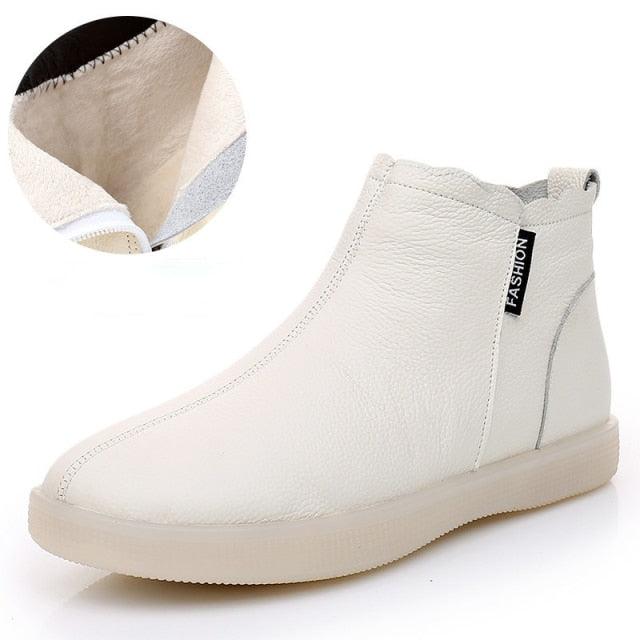 Stevvex women genuine leather ankle boots cream color slip-on with warm fur lining and soft sole on Tampa Home & Garden Store
