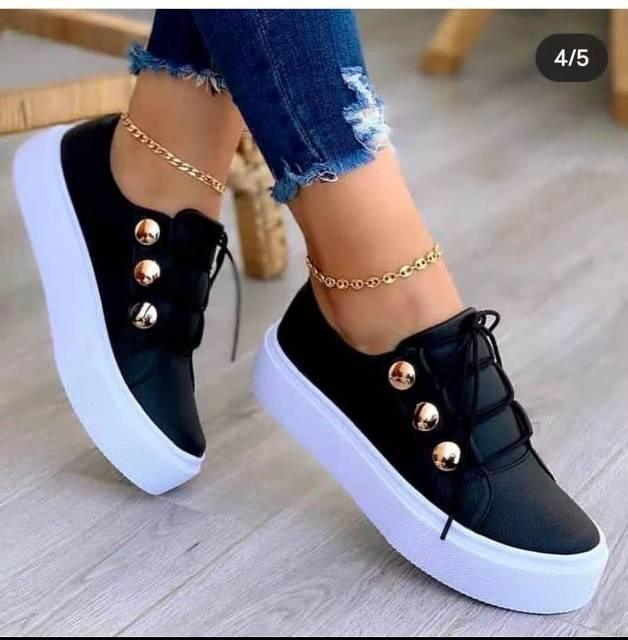 Stevvex black platform sneakers with white sole and gold-tone studs, lace-up casual on Tampa Home & Garden Store