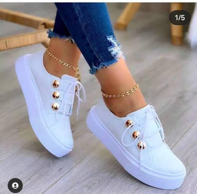Stevvex women's white platform sneakers with lace-up and gold-tone eyelets pair on Tampa Home & Garden Store