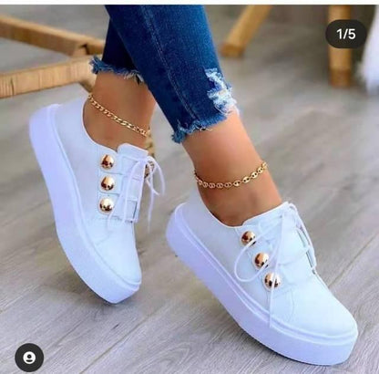 Stevvex women's white platform sneakers with lace-up and gold-tone eyelets pair on Tampa Home & Garden Store