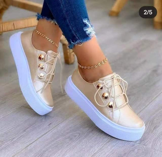 Women gold platform sneakers with white chunky sole, lace-up, Stevvex casual walking shoes on Tampa Home & Garden Store
