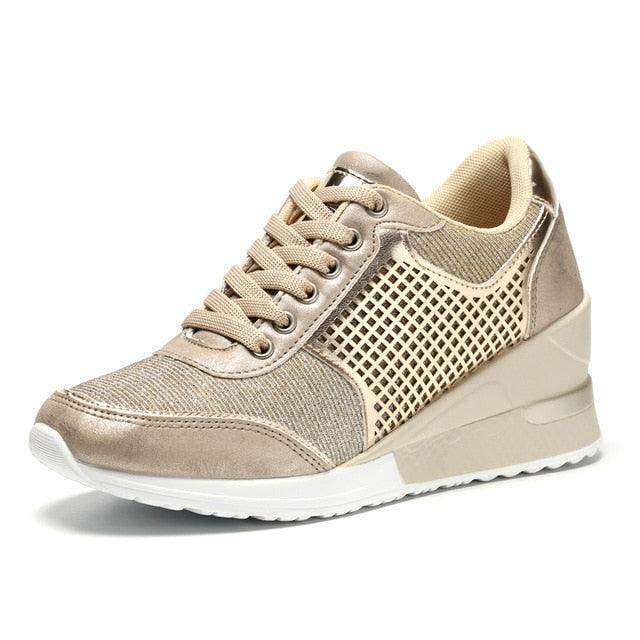 Stevvex women's height-increasing sneakers, gold-silver mesh upper, wedge sole walking shoe on Tampa Home & Garden Store
