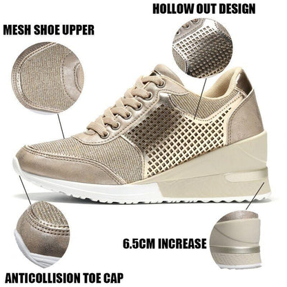 Stevvex women sneakers gold-silver mesh upper lace-up 6.5cm height boost anti-collision toe cap on Tampa Home & Garden Store