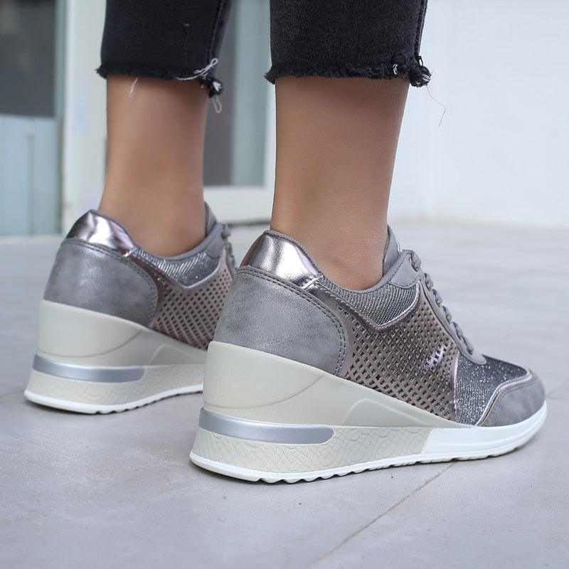 Stevvex ST85SH5258ERT women sneakers pair with metallic silver upper, mesh sides and wedge sole on Tampa Home & Garden Store