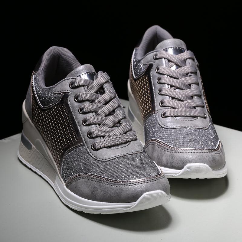 Stevvex womens sneakers silver metallic upper with mesh side panels lace-up athletic shoes on Tampa Home & Garden Store