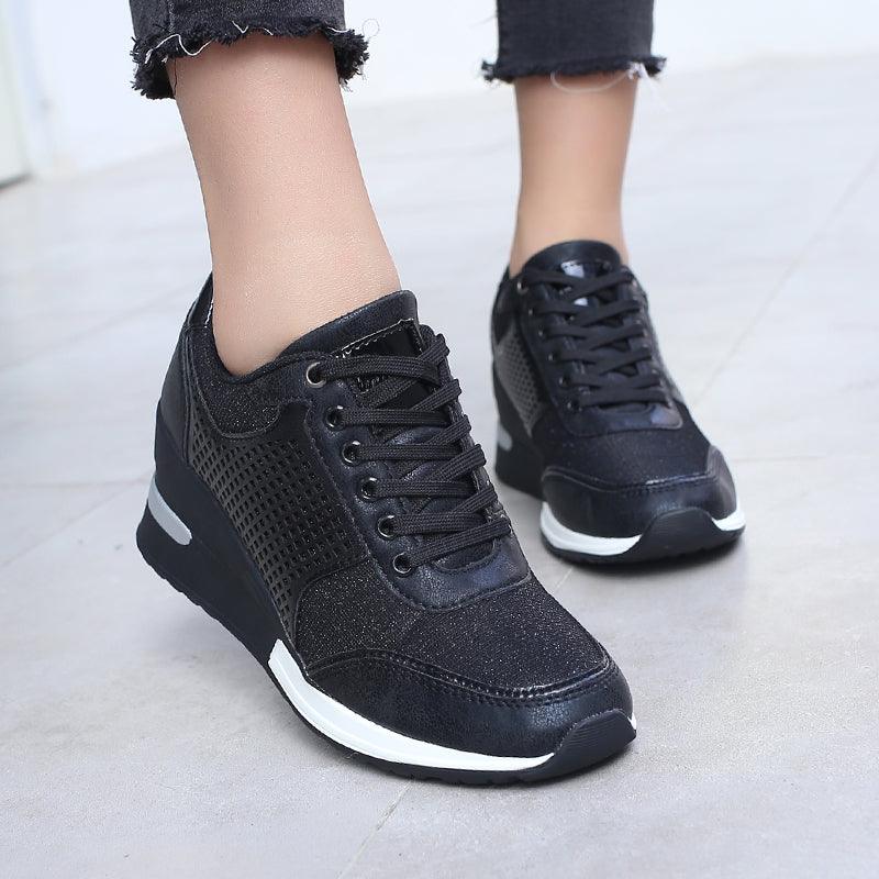 Women height-increasing sneakers, black with breathable mesh side panels and white sole on Tampa Home & Garden Store