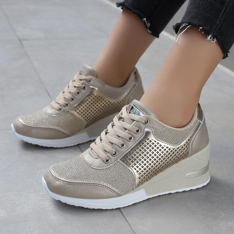 Stevvex women's height increasing sneakers in gold silver metallic mesh with white sole on Tampa Home & Garden Store