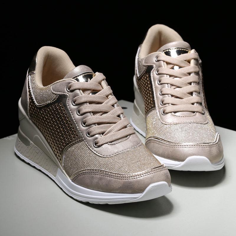 Women’s height-increasing sneakers Stevvex pair gold-silver metallic casual running shoes on Tampa Home & Garden Store