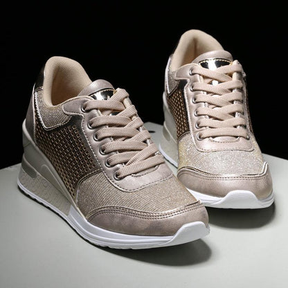 Women’s height-increasing sneakers Stevvex pair gold-silver metallic casual running shoes on Tampa Home & Garden Store