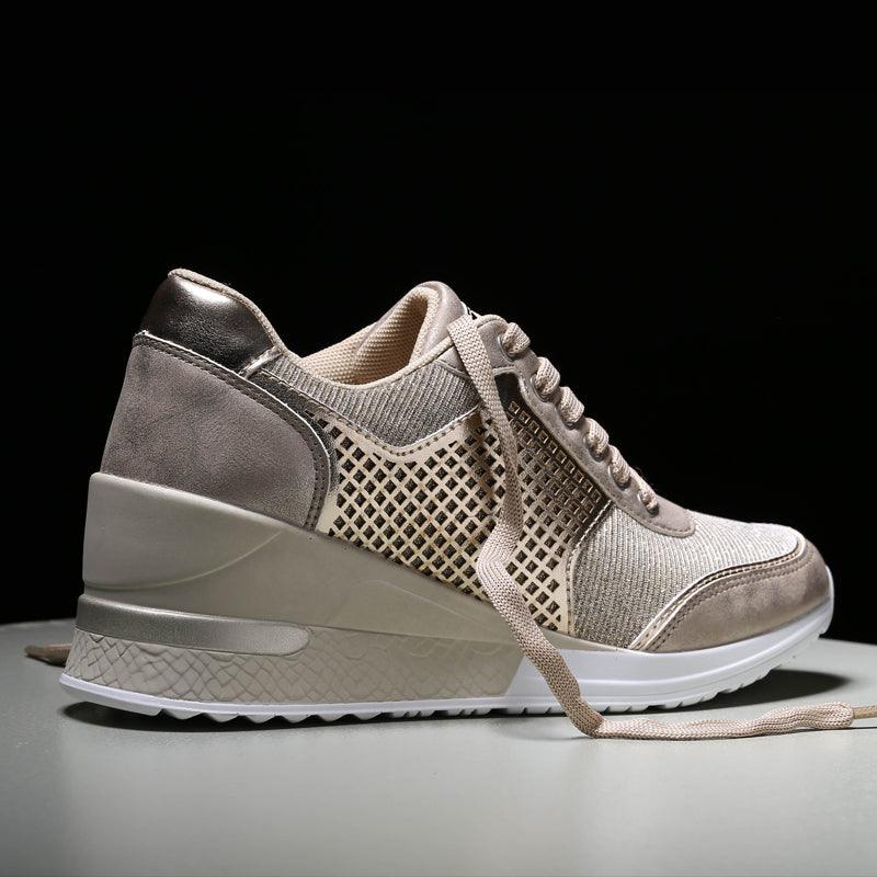 Women’s Stevvex sneakers with gold-silver mesh, lace-up wedge sole for casual walking on Tampa Home & Garden Store
