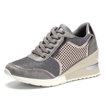 Women height increasing sneakers Stevvex grey with beige mesh panels and wedge sole on Tampa Home & Garden Store