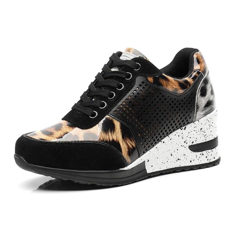 Stevvex women's height sneakers black suede leopard panels perforated side speckled wedge sole on Tampa Home & Garden Store