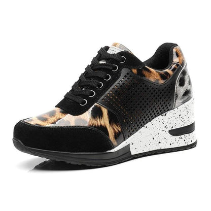 Stevvex women's height sneakers black suede leopard panels perforated side speckled wedge sole on Tampa Home & Garden Store