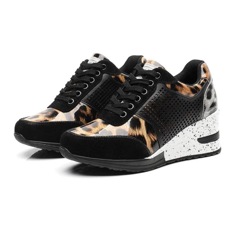 Stevvex Leopard Print Height-Increasing Sneakers, black suede accents, speckled wedge sole on Tampa Home & Garden Store