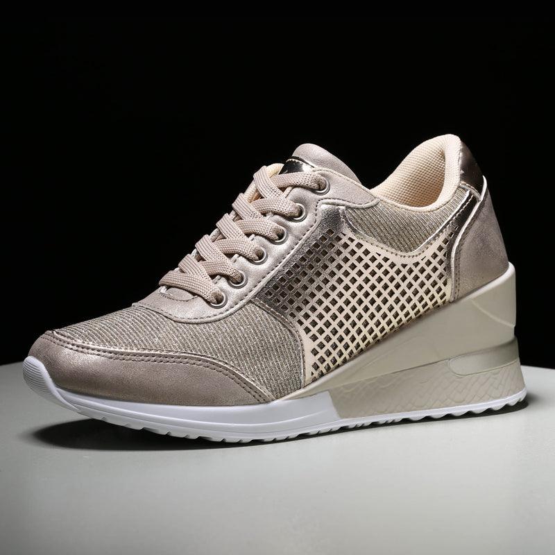 Women height-increasing sneakers Stevvex metallic gold upper casual walking with white platform on Tampa Home & Garden Store