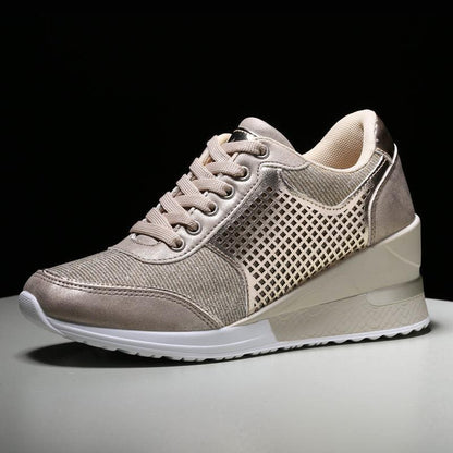 Women height-increasing sneakers Stevvex metallic gold upper casual walking with white platform on Tampa Home & Garden Store