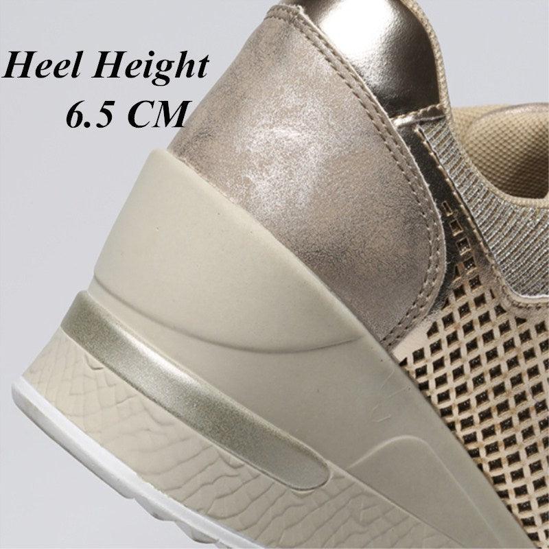Stevvex women's height increasing sneakers gold silver metallic heel, breathable mesh upper on Tampa Home & Garden Store