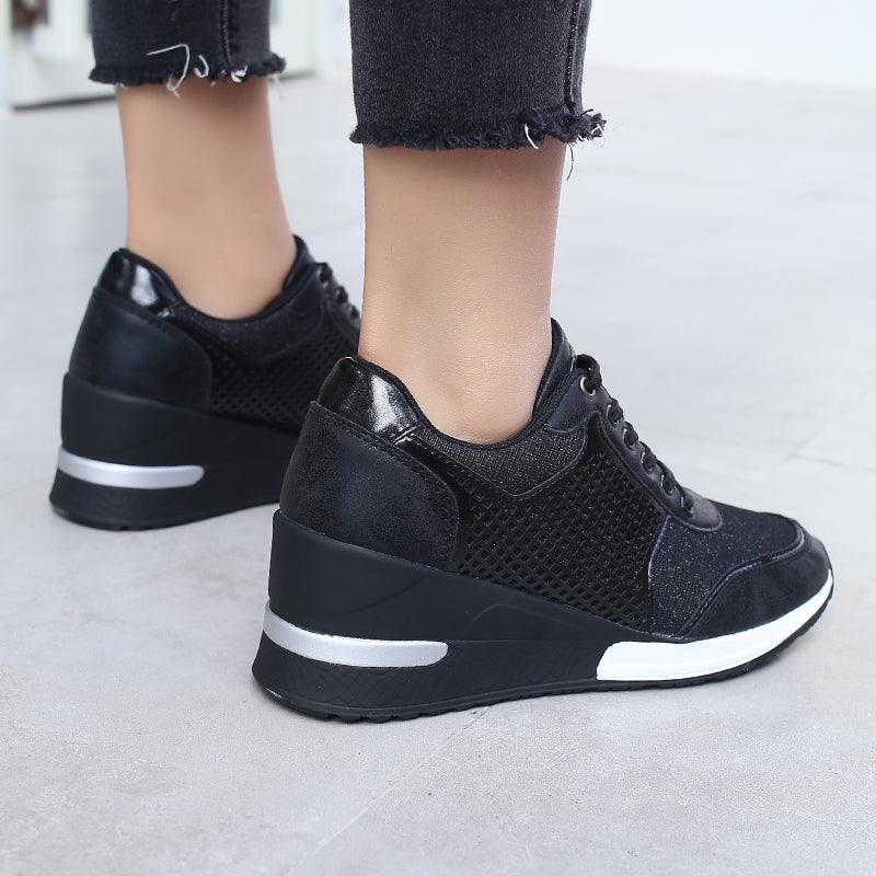 Stevvex women's black height-increasing sneakers with mesh panels and thick platform sole on Tampa Home & Garden Store