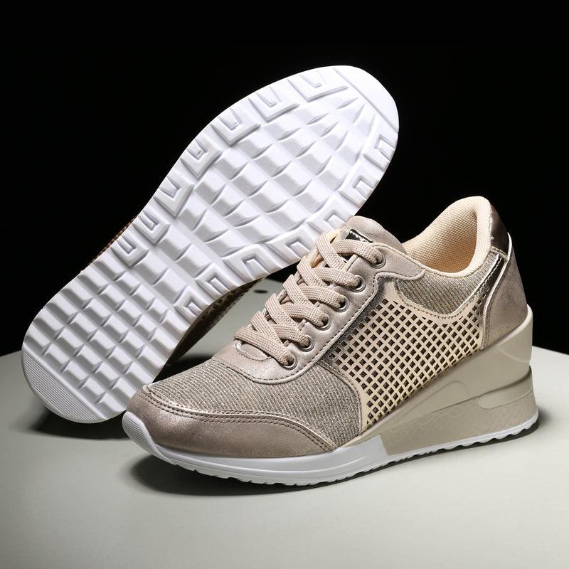 Women Stevvex sneakers with gold beige mesh upper and white sole on Tampa Home & Garden Store