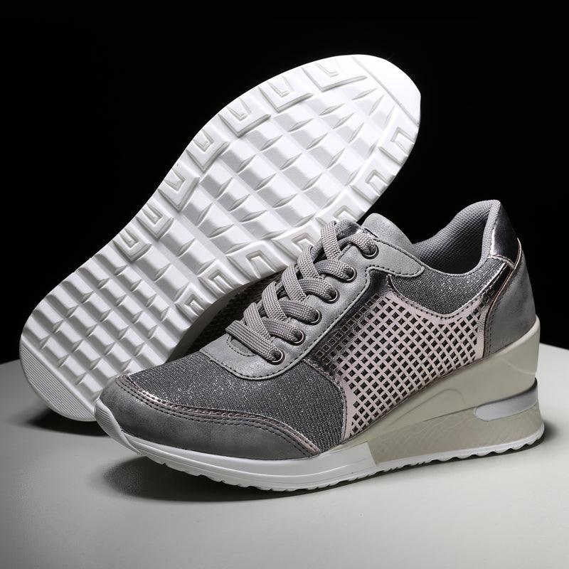 Stevvex women's gray metallic sneakers with mesh side panels and chunky white sole on Tampa Home & Garden Store