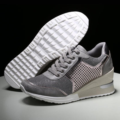 Stevvex women's gray metallic sneakers with mesh side panels and chunky white sole on Tampa Home & Garden Store