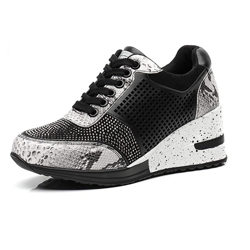 Stevvex Women's height-increasing sneakers, silver snakeskin upper, lightweight casual runners on Tampa Home & Garden Store