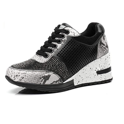 Stevvex Women's height-increasing sneakers, silver snakeskin upper, lightweight casual runners on Tampa Home & Garden Store