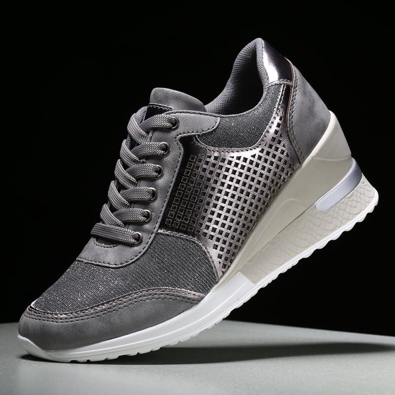Stevvex women's height-increasing sneakers with silver gray upper, mesh panels, lace-up, sole on Tampa Home & Garden Store