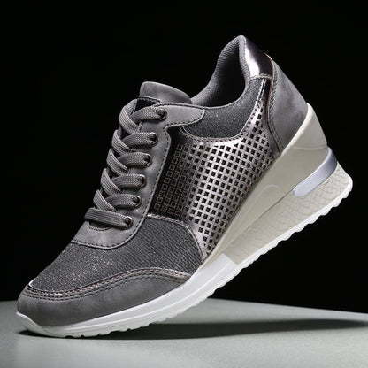 Stevvex women's height-increasing sneakers with silver gray upper, mesh panels, lace-up, sole on Tampa Home & Garden Store