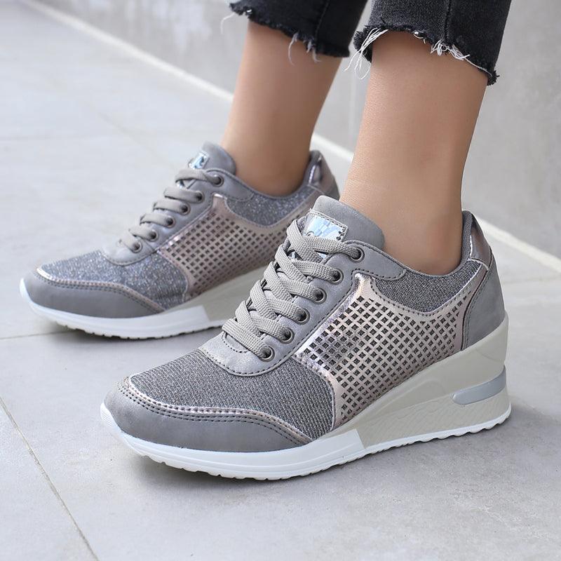 Stevvex women's sneakers grey mesh upper with metallic accents and platform wedge sole on Tampa Home & Garden Store