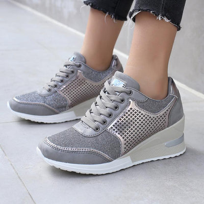 Stevvex women's sneakers grey mesh upper with metallic accents and platform wedge sole on Tampa Home & Garden Store