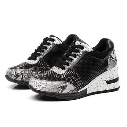 Stevvex women's sneakers black snake-print with silver accents and white sole on Tampa Home & Garden Store