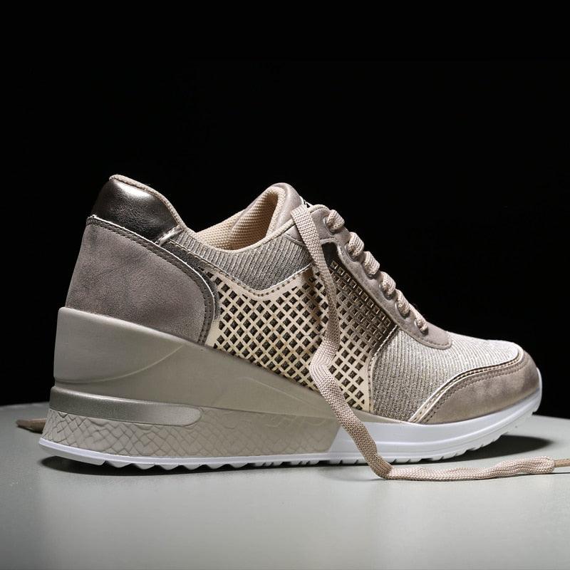 Women's height-increasing sneakers in beige metallic mesh with suede accents on Tampa Home & Garden Store