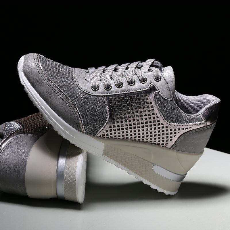 Stevvex Womens height-increasing sneakers metallic gray mesh laceup athletic walking shoes on Tampa Home & Garden Store