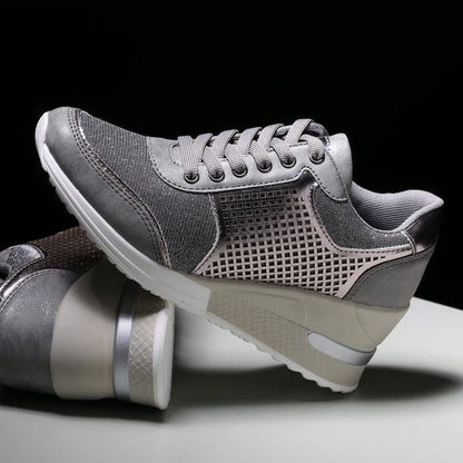 Stevvex Womens height-increasing sneakers metallic gray mesh laceup athletic walking shoes on Tampa Home & Garden Store