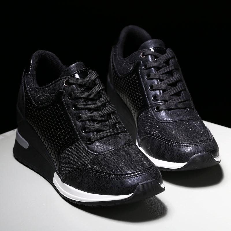 Sneakers Stevvex women's black glitter height-increasing, lightweight casual running shoes, 2 shown on Tampa Home & Garden Store