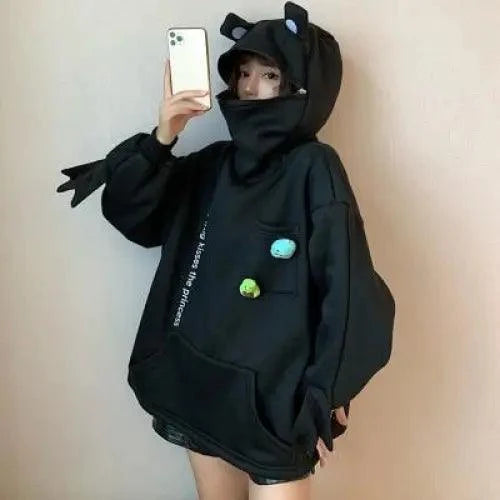 Women Stevvex oversized black hoodie pullover with pocket and frog embroidery accents on Tampa Home & Garden Store