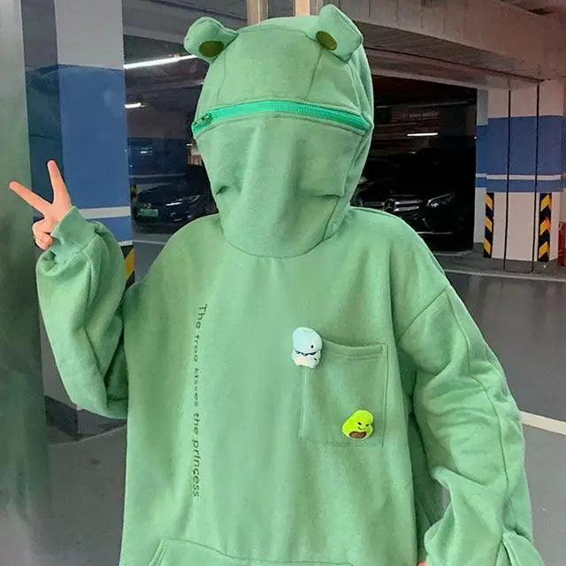 Women Stevvex green frog hoodie pullover with ear hood and front pocket on Tampa Home & Garden Store