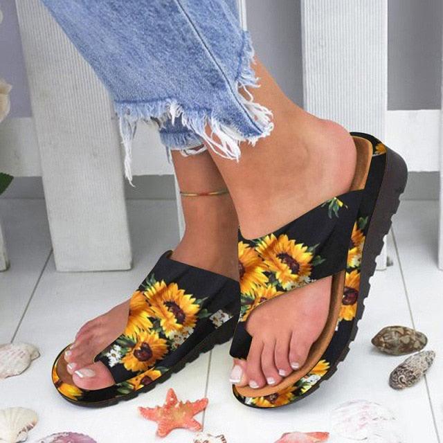 Women sunflower print platform sandals with black straps and open toe on Tampa Home & Garden Store