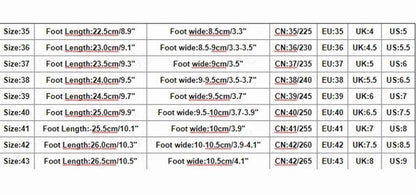 Sandals size chart showing foot length and width for sizes 35–43 across CN/EU/UK/US on Tampa Home & Garden Store