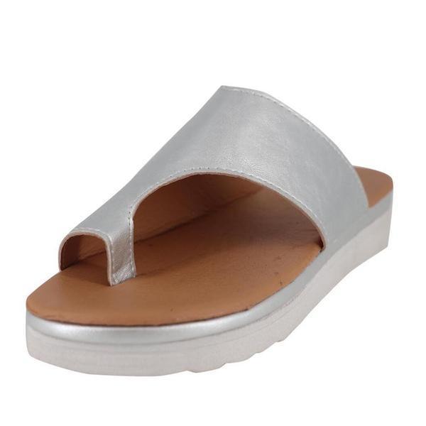 Women leather sandal silver slide with wide strap, open toe and white platform sole on Tampa Home & Garden Store