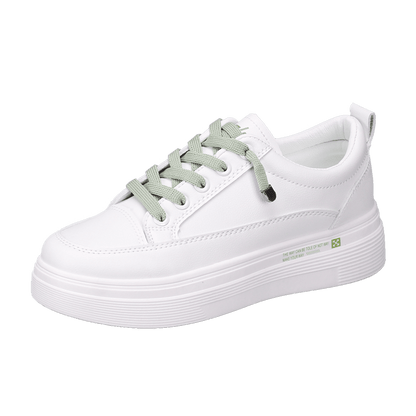 Stevvex women's white leather sneakers with light green laces and a chunky platform sole on Tampa Home & Garden Store