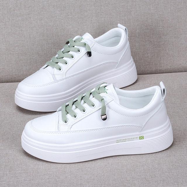Women Stevvex white leather sneakers with light green laces and chunky platform soles on Tampa Home & Garden Store