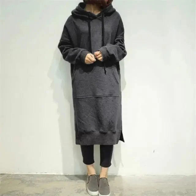 Stevvex women's long hoodie dress in dark grey with drawstrings and side slit on Tampa Home & Garden Store