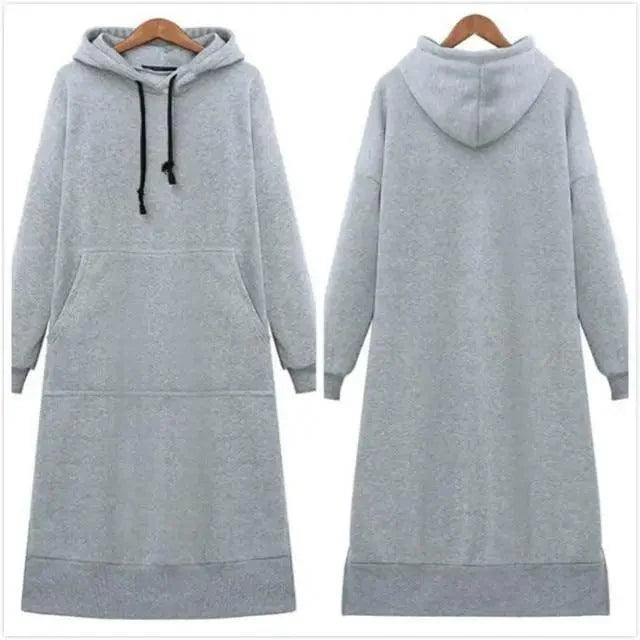 Stevvex women's grey long hoodie dress, oversized hooded sweatshirt with front pocket on Tampa Home & Garden Store