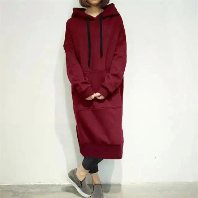 Stevvex women's burgundy loose long hoodie dress with black drawstrings, oversized pullover on Tampa Home & Garden Store