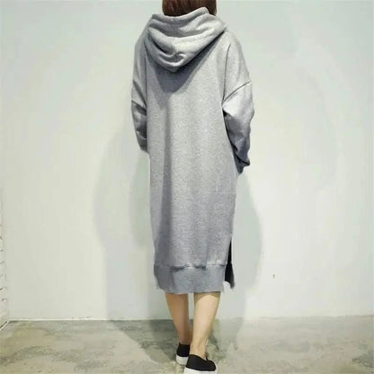 Stevvex women's loose long hoodie dress in grey heather, oversized hooded style, back view on Tampa Home & Garden Store